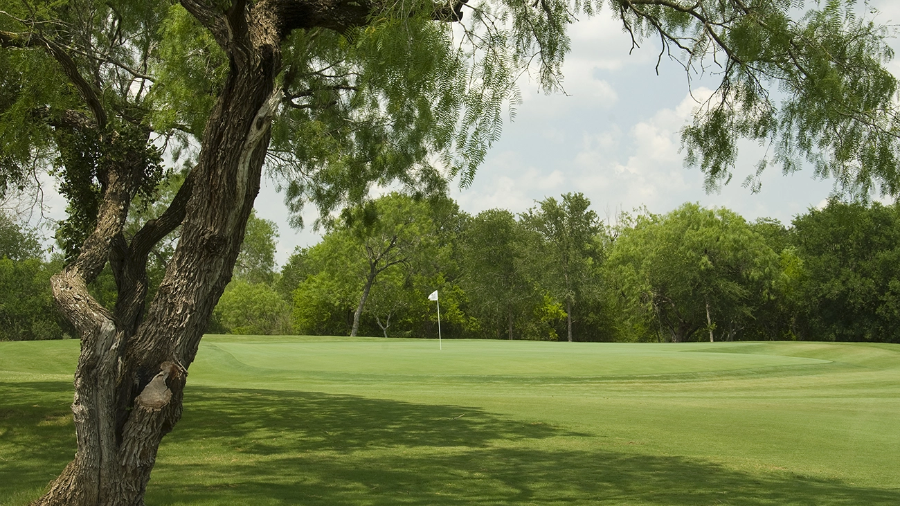 A white flag on the lush greens of a golf course